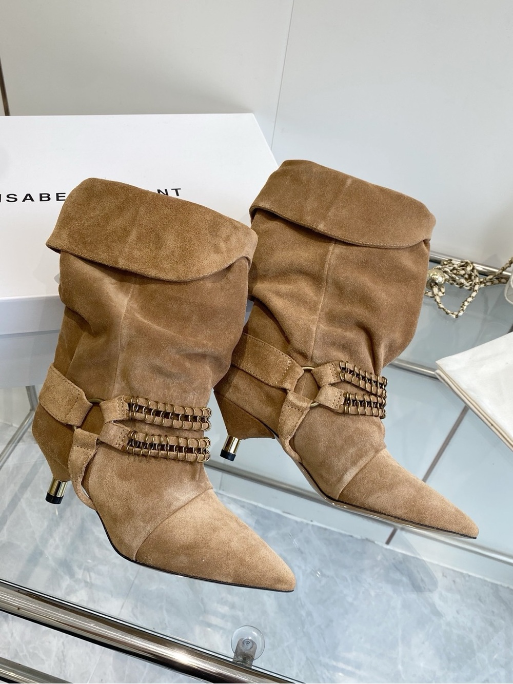 Isabel Marant Tan Suede Slouchy Ankle Booties with Chain Detail - Picture 5 of 8